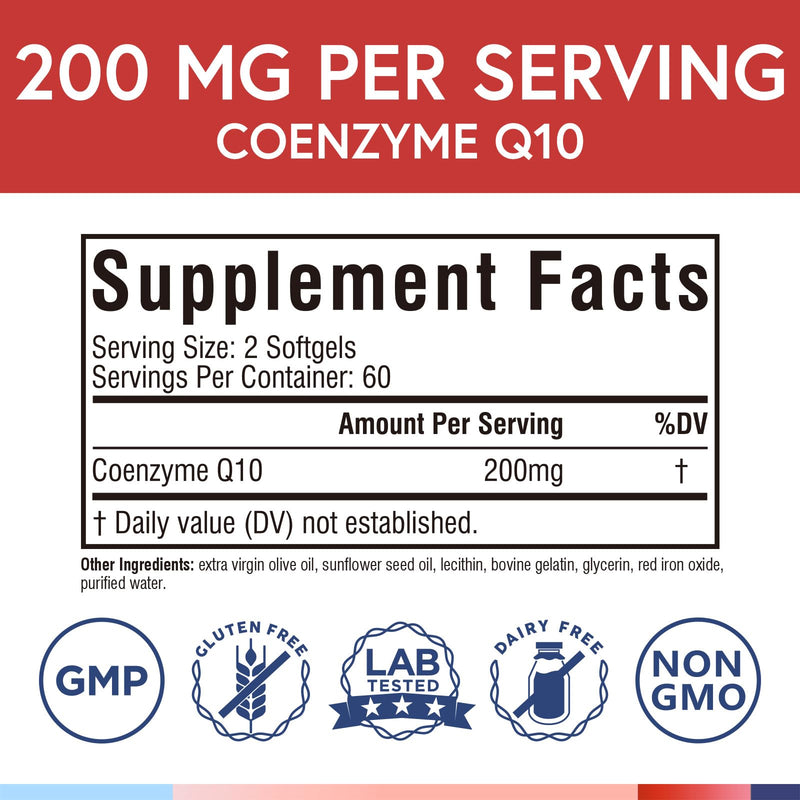 Terranics CoQ10 200mg, Coenzyme Q10 Supplement with Extra Virgin Olive Oil for Enhanced Absorption, Made in USA, Supports Heart Health, Antioxidant Protection, Energy Production, Non-GMO, 120 Softgels 120 Count (Pack of 1)