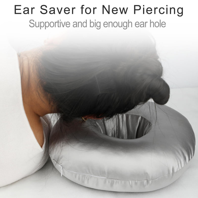[Australia] - Silky Ear Piercing Pillows with Hole for Side Sleepers Donut Pillow Ear Pain Relief CNH Pressure Sore Ear Guard Satin Silver Gray Satin-silver Gray New-Satin 