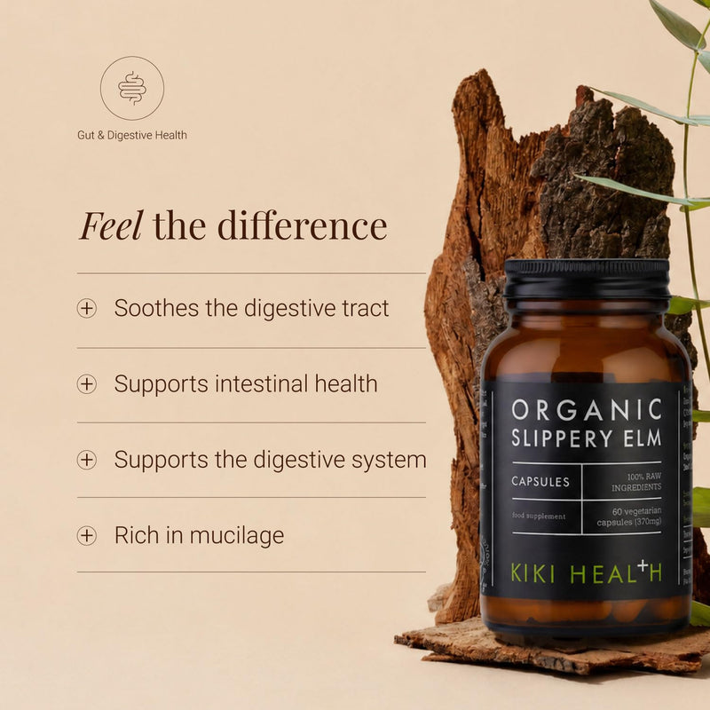 Kiki Health - Organic Slippery Elm Capsules - 740mg Slippery Elm per Serving - Supports Intestinal Health, Soothes The Digestive Tract - No Preservatives - Suitable for Vegans - 60 Capsules