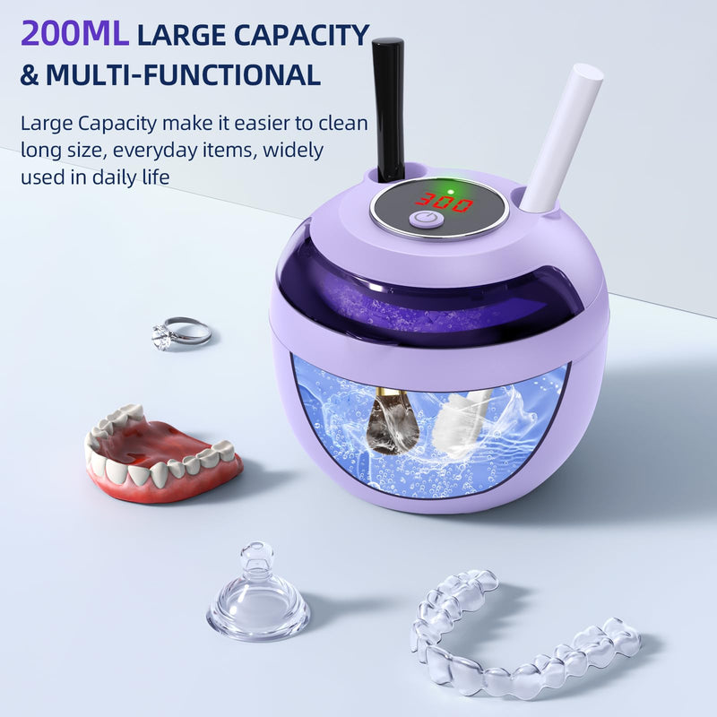 [Australia] - Ultrasonic Retainer Cleaner, Retainer Cleaner Machine for Dentures, Mouth Guards, Braces, Toothbrush Heads, Jewelry with 200ML Capacity, 45kHz Retainer Cleaning, 4 Modes for Appliances, Purple 