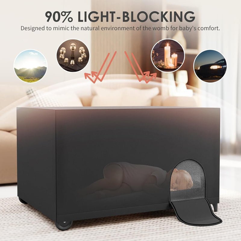 [Australia] - Crib Blackout Cover for Pack N Play, Portable Travel Crib Canopy Cover with Storage Bag, Stretchy Breathable Playard Netting Cover for Indoor Outdoor, Blocks 90% Light, Black 