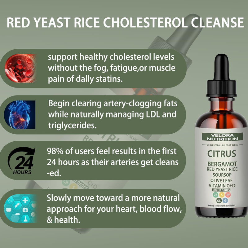 [Australia] - Red Yeast Rice Drops - Cholesterol Support Blend with Citrus, Bergamot, Red Yeast Rice, Soursop, Olive Leaf, Vitamin B+C, Natural, Non-GMO, Vegan, Dietary Supplement, 2 fl. oz. (60ml) 