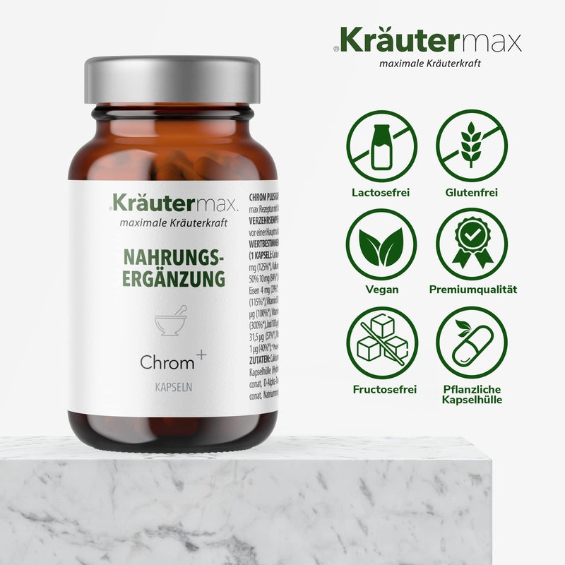 [Australia] - NEW! High-dose chromium capsules | Chromium tablets with zinc, selenium and manganese according to Kräutermax original recipe | Vegan - for maintaining normal blood sugar levels | 1 x 60 pieces 