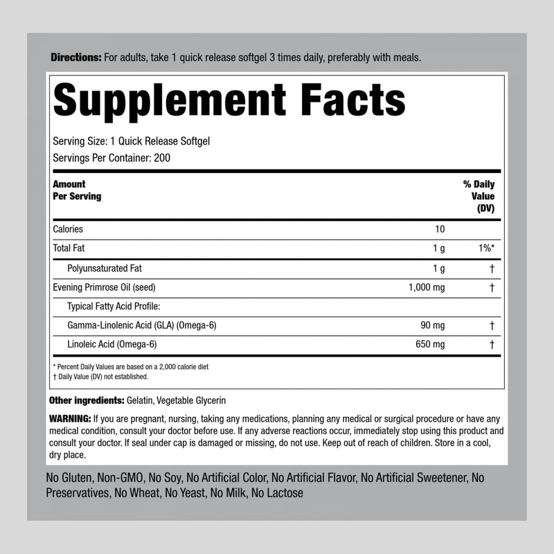 [Australia] - Piping Rock Evening Primrose Oil Capsules 1000mg | 200 Softgels | Cold Pressed Supplement | Non-GMO, Gluten Free 
