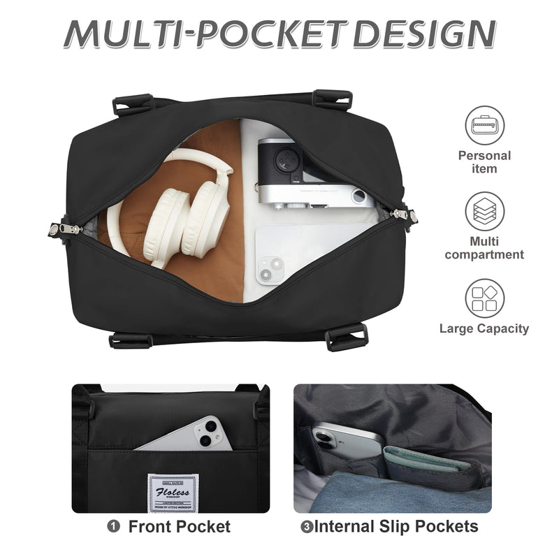 Travel Duffel Weekender Bag Women Tote Carry On Bags With Shoe Compartment | 18x14x8 inches Travel Overnight Bags with Trolley Sleeve for Airplanes Sport Tote Gym for Men Lightweight Daypack Black..