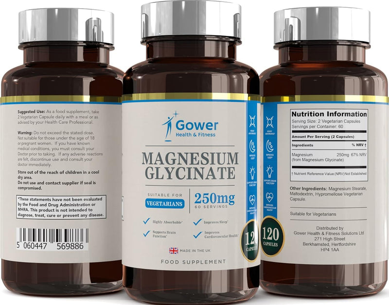 GH Magnesium Glycinate - 250mg Magnesium Bisglycinate per Serving - 120 Glycinate Supplements | Mag Glycinate High Strength Capsules | Non-GMO & Allergen Free | Made in The UK 120 count (Pack of 1)