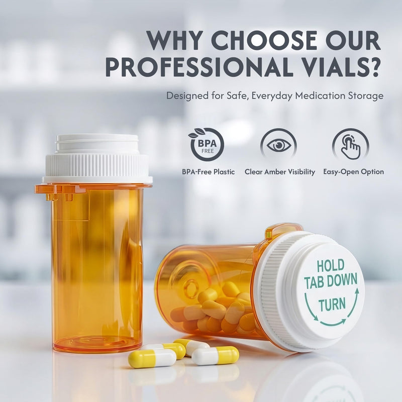 Zoeynex 12-Pack 10DR Amber Pill Bottles, Reversible Child-Resistant Caps | 37mL PP5 plastic vials, 16 writable labels, pocket-size travel bottles for tablets, capsules, vitamins and supplements 10 Dram (12 Pack)