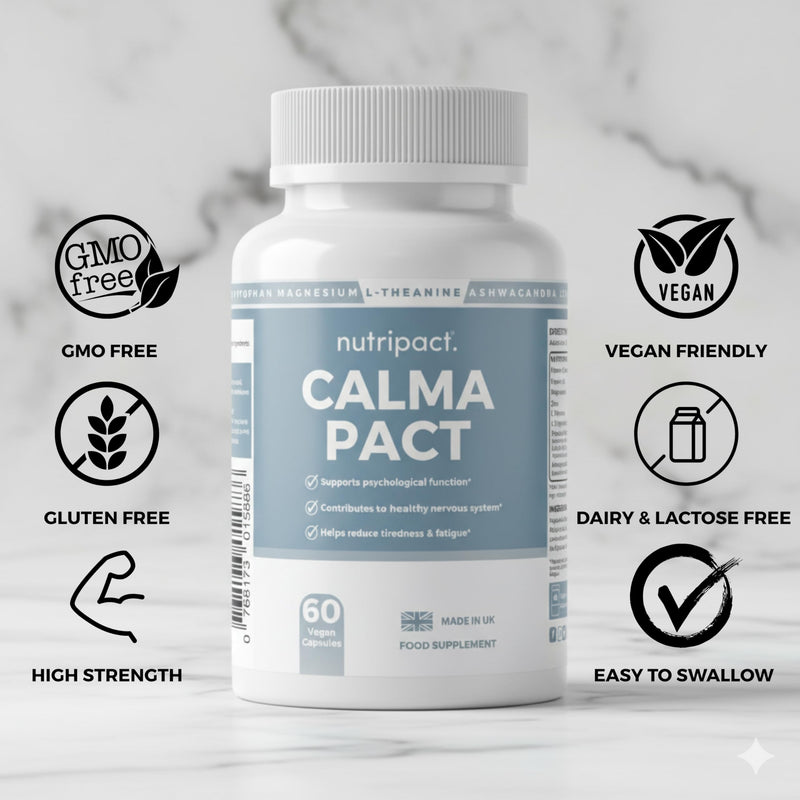 Calm & Sleep Support Capsules – Magnesium Glycinate, Ashwagandha KSM-66, L-Theanine & Lemon Balm for Relaxation, Stress Relief & Night-Time Unwind – 60 Capsules – Calma Pact