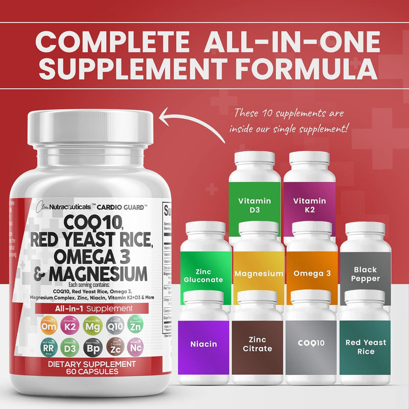 [Australia] - COQ10 200mg Red Yeast Rice 3000mg Omega 3 3000mg Magnesium Complex 500mg Niacin Zinc Vitamin K2 D3 - Heart Health Support Vitamins for Women and Men with Vitamin B3, Coenzyme Q10-60 Ct 