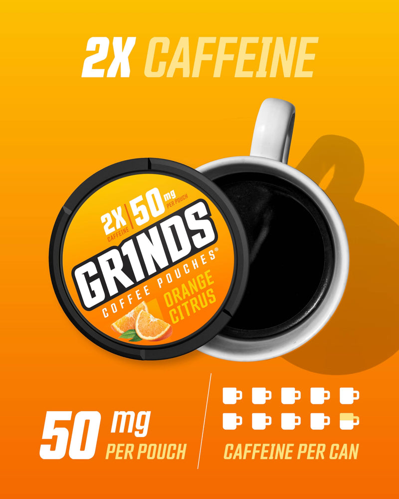 GRINDS Coffee Pouches 18 Per Can | 3 Cans Orange Citrus | Caffeine Pouches | Clean Energy Option | Portable Energy | No Crash, No Jitter | B-Vitamins | Focus | Sugar Free | Brew-Free Coffee 18 Count (Pack of 3)