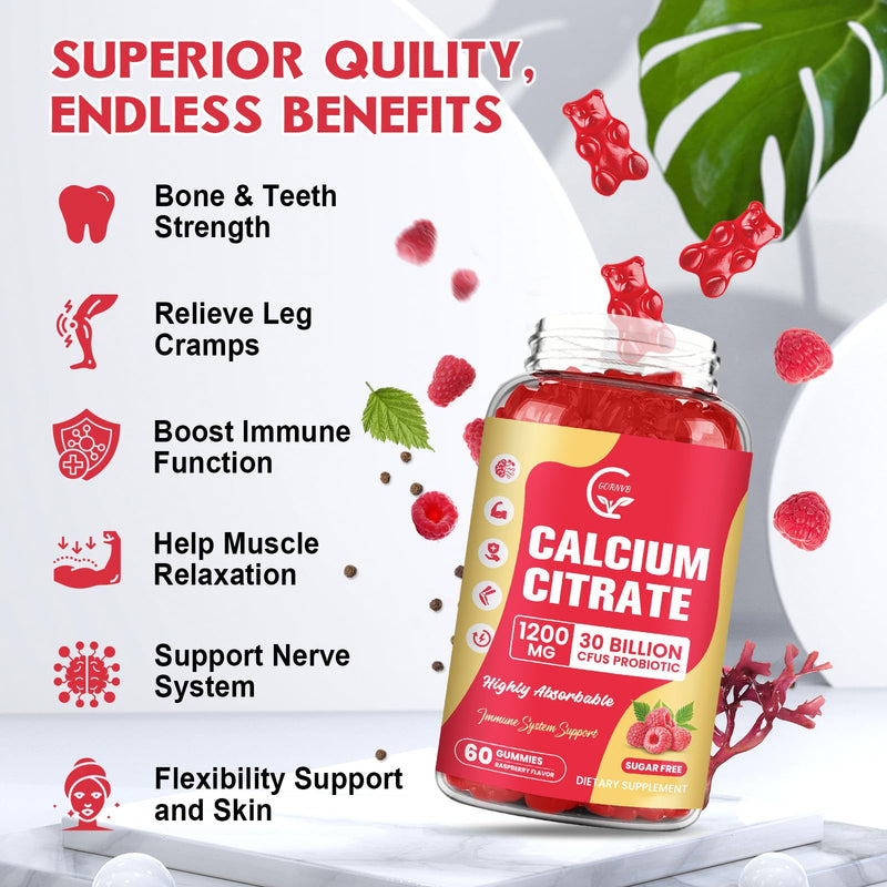 (2 Pack) Sugar Free Calcium Citrate Gummies 1200 mg with Vitamin d3, K2, Magnesium, Zinc for Bone, Muscle & Immune Support, High Absorption Calcium Supplement for Women, Raspberry Flavor, 60 Chews 60 Count (Pack of 2)