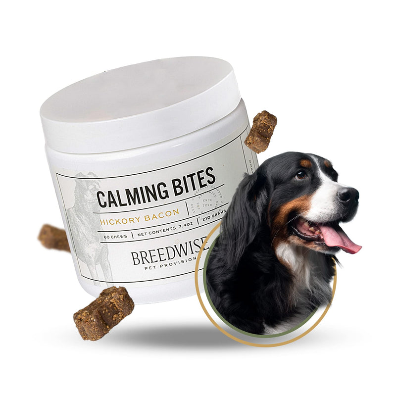 Breedwise Calming Bites All Natural Holistic Anxiety and Stress Reducing Hickory Bacon Flavored Dog Treats, 60 Count Jar - PawsPlanet Australia