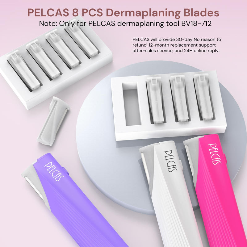 [Australia] - PELCAS Dermaplaning Blade Replacement Set, 8 PCS Dermaplaning Razors for Women Facial Peach Fuzz & Hair Removal System SPA at Home Only Fit with PELCAS Dermaplaning Tool BV18-712 -Device Not Included 