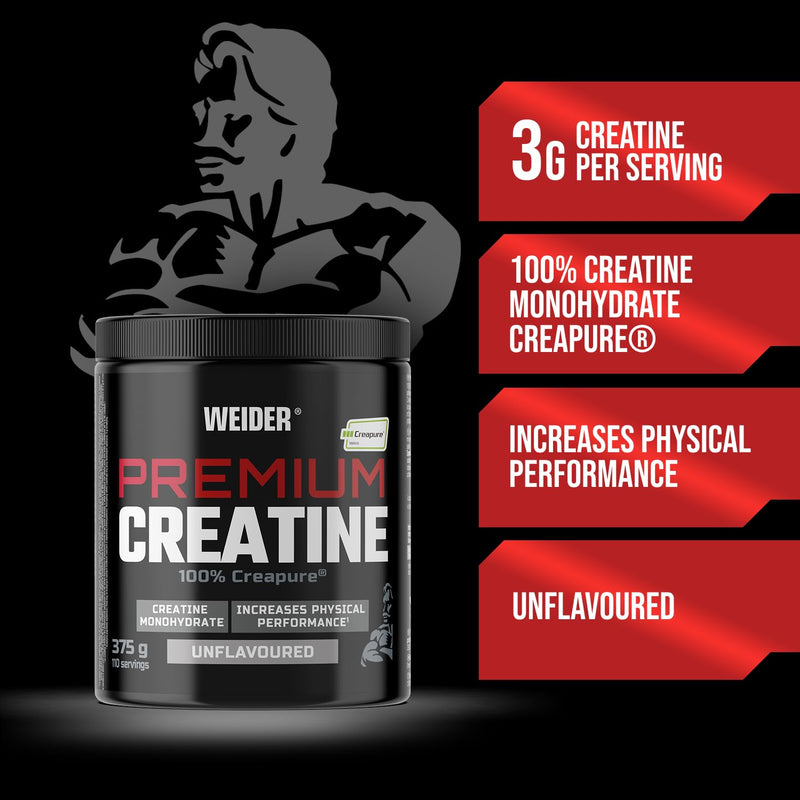 Weider Premium Creatine (375g) UnFlavoured. 100% Pure Creatine Monohydrate Creapure, No Sugar, no additives, Vegan, Increases Physical Performance (110 Servings)