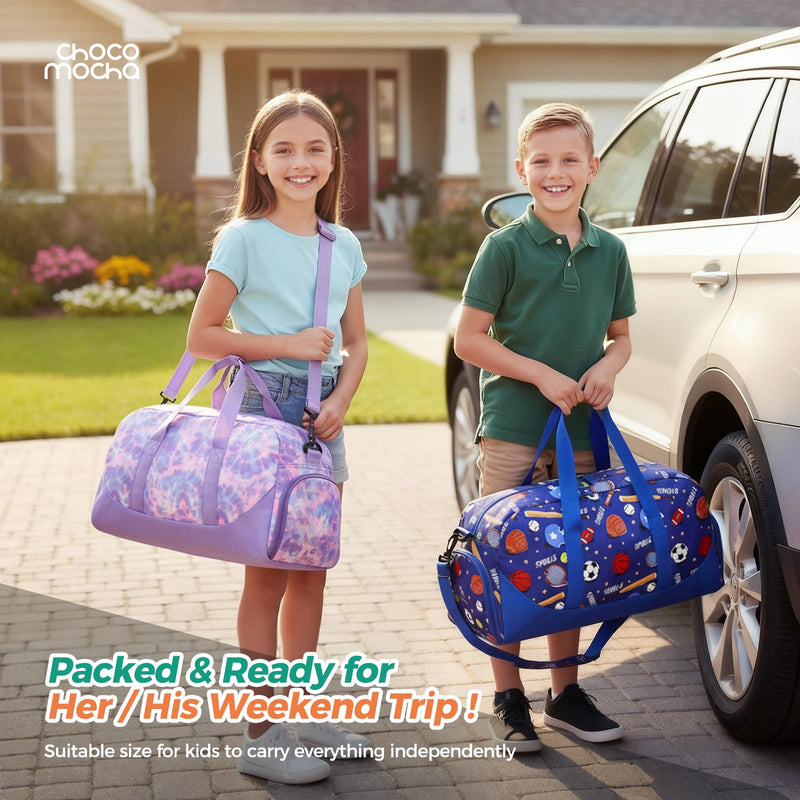 Duffle Bag for Kids - Tie Dye Overnight Bags Set for Girls & Boys with Shoes Compartment, Cute Weekender Bag for Sleepover Travel, Pink & Blue