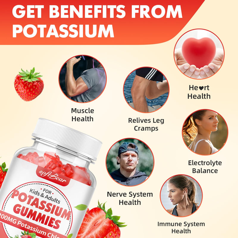 [Australia] - softbear Potassium Gummies for Adults, Sugar Free Potassium Chloride Gummies 1200mg Support Leg Cramps & Electrolyte Balance High Potency Potassium Supplement, Strawberry Flavor 120 Count 60 Count (Pack of 2) 
