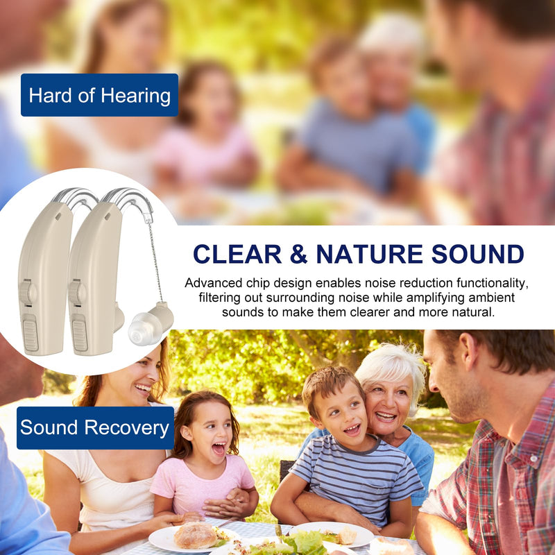 Rechargeable Hearing Amplifier for Adults with Smart Noise Reduction, BTE Hearing Amplifier for Seniors with Natural Sound, Charging Box Indicating Remaining Power(Brown)