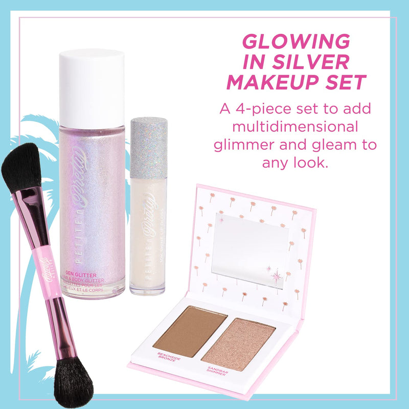[Australia] - Petite 'n Pretty Makeup Set for Kids (Silver) - Face & Body Makeup for Kids, Tweens, Teens - Highlighter, Body Shimmer Glitter, Lip Gloss, Makeup Brush, Made in the USA Silver 