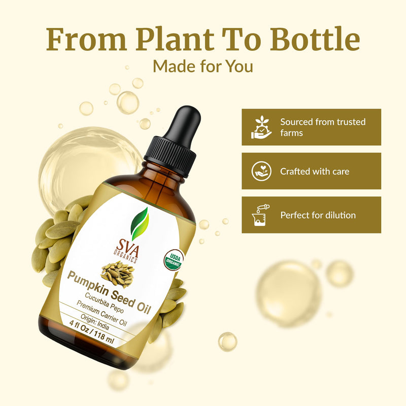[Australia] - SVA Pumpkin Seed Oil Organic - 4 Fl Oz ‚Äì 100% Natural Cold Pressed Organic Pumpkin oil - for Face, Skin Care, Hair Care, Scalp Massage & Body Massage ‚Äì Carrier Oil with Dropper Organic Pumpkin Seed 4 Fl Oz (Pack of 1) 