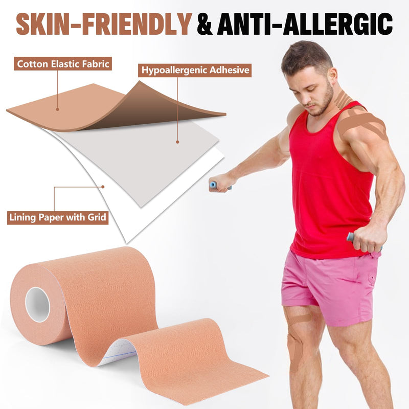 [Australia] - 3 Rolls Kinesiology Tape, 4 inch x 14.8 Feet Waterproof Athletic Tape, Uncut Kinetic Tape, Elastic Muscle Tape, Sports Tape, Knee Tape for Exercise and Daily Use - Skin Color 
