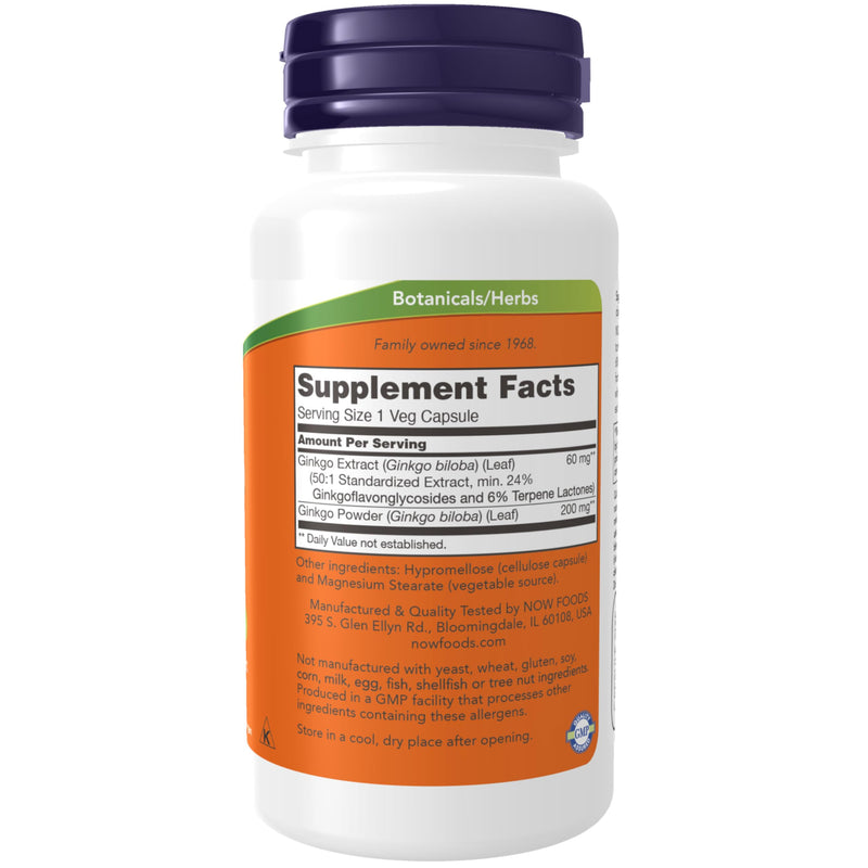[Australia] - NOW Foods Supplements, Ginkgo Biloba 60 mg, 24% Standardized Extract, Non-GMO Project Verified, 60 Veg Capsules 60 Count (Pack of 1) 