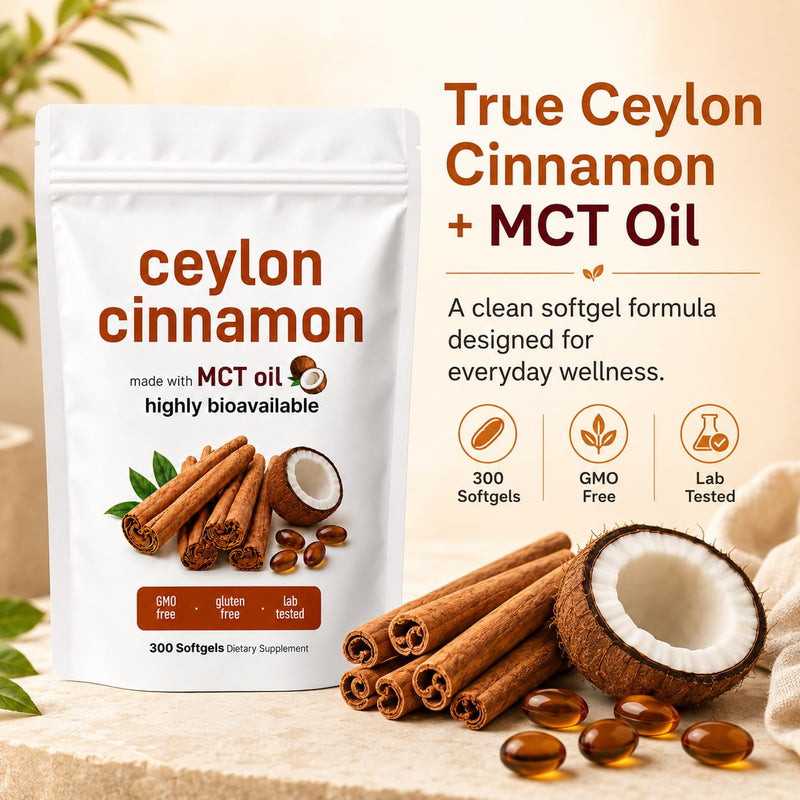 Ceylon Cinnamon Capsules with MCT Oil, 300 Softgels – Cinnamomum Verum Extract 600mg Per Daily Serving, High Absorption Softgels, Non GMO & Gluten Free Cinnamon Food Supplement, 100 Day Supply