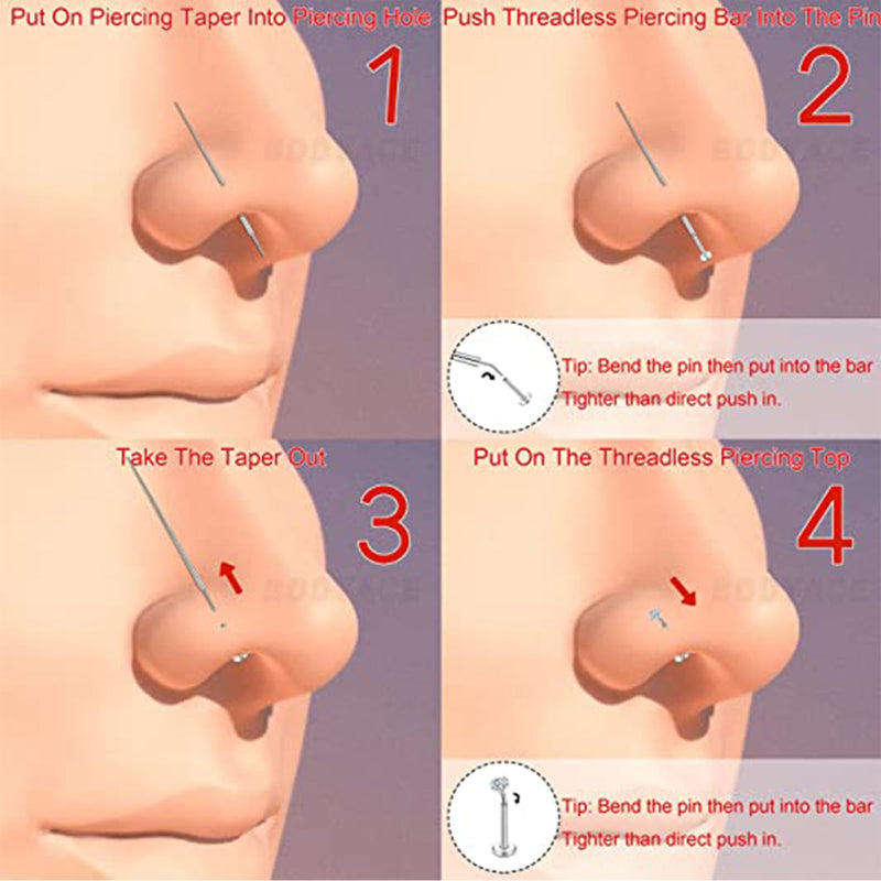 [Australia] - QWALIT Piercing Taper Threadless Piercing Changing Tool Piercing Taper Insertion Tool Piercing Threader Tool Flat Back Earring Applicator Tool Labret Titanium Threadless Insertion Pin 16g 18g 20g B1-stainless steel-mix sizes 