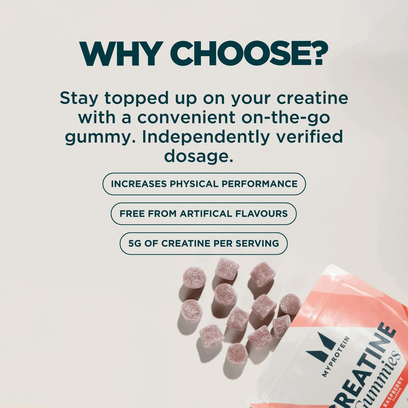 Myprotein Creatine Gummies - 3g per Serving - Electrolyte Enhanced - Support Muscle Growth, Strength & Performance - 1 Month Supply - 90 Chewable Creatine Powder Alternative (90 Gummies, Raspberry) 90 count (Pack of 1)