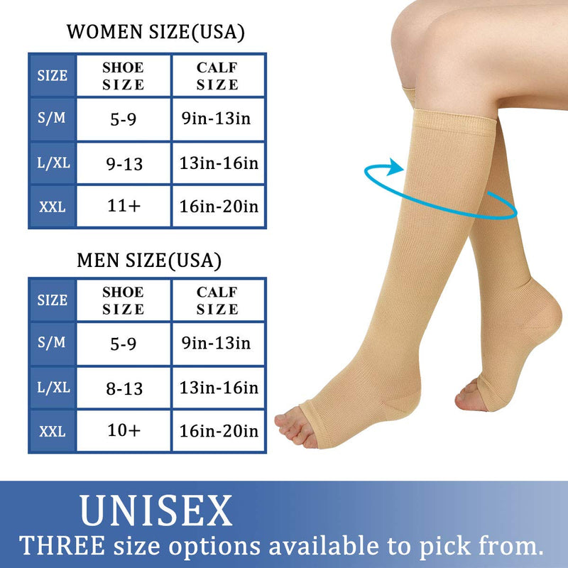 [Australia] - Evolyline 3 pairs of compression stockings for women and men, medical open toe stockings, support stockings, compression socks, graduated thrombosis stockings for sports, reduce leg pain, varicose veins, beige L-XL 