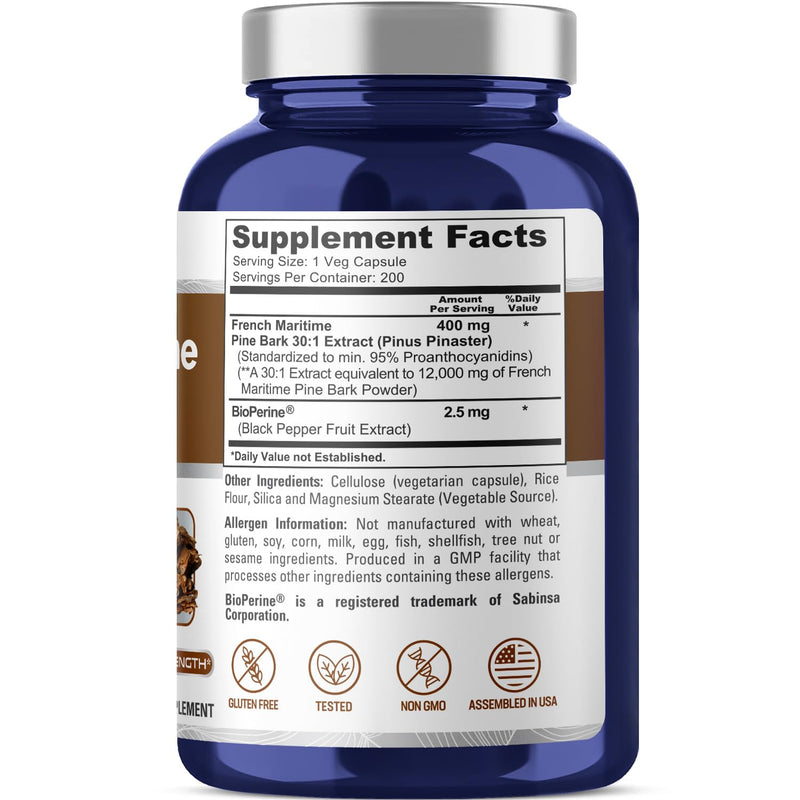 [Australia] - NusaPure French Maritime Pine Bark Extract 12,000 mg Per Veggie Caps 200-Day Supply, Bioperine (Non-GMO & Gluten Free) 