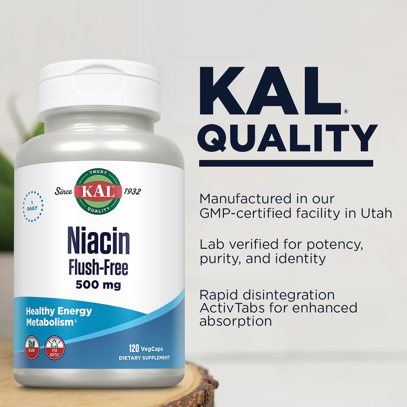 KAL Niacin Flush-Free Capsules 500 Mg, 120 Count 120 Count (Pack of 1)