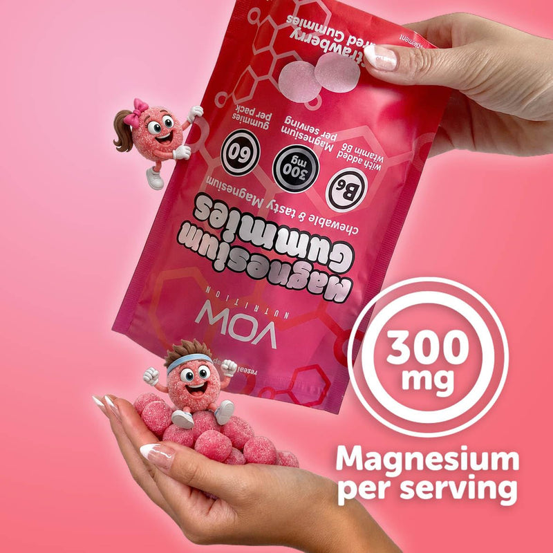 VOW Nutrition Magnesium Citrate Gummies, 300mg with Vitamin B6, Energy & Muscle Support, 60 Gummies, Tropical & Strawberry Flavours (Strawberry)