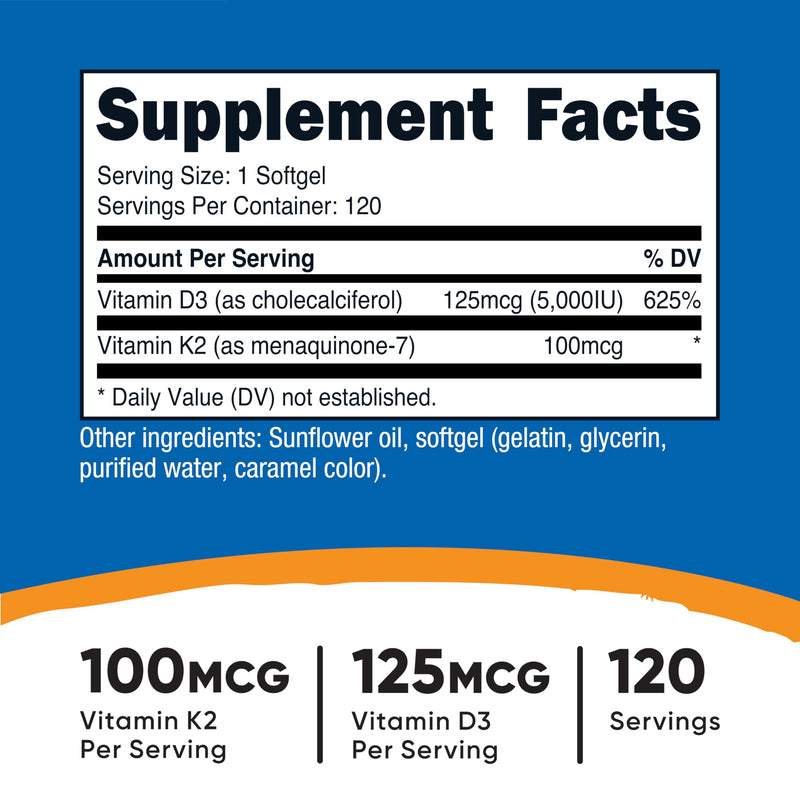 Nutricost Vitamin K2 (MK7) (100mcg) + Vitamin D3 (5000 IU) 120 Softgels - Gluten Free and Non-GMO (Pack of 2) 120 Count (Pack of 2)