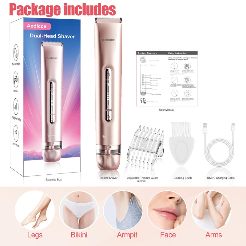 [Australia] - Bikini Trimmer for Women 2 in 1, Dual Head Womens Electric Shaver, Electric Razors for Pubic Hair, IPX7 Waterproof Rechargeable Facial Hair Removal for Shaving Underarm Leg Arm Body Face, Rose Gold 