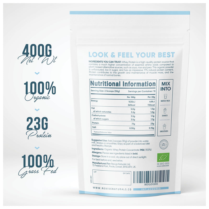 Organic Whey Protein Powder 400g – Grass Fed Unflavoured Organic Protein Powder– Resealable and Recyclable Pouch by Revive Naturals 400g (Pack of 1)
