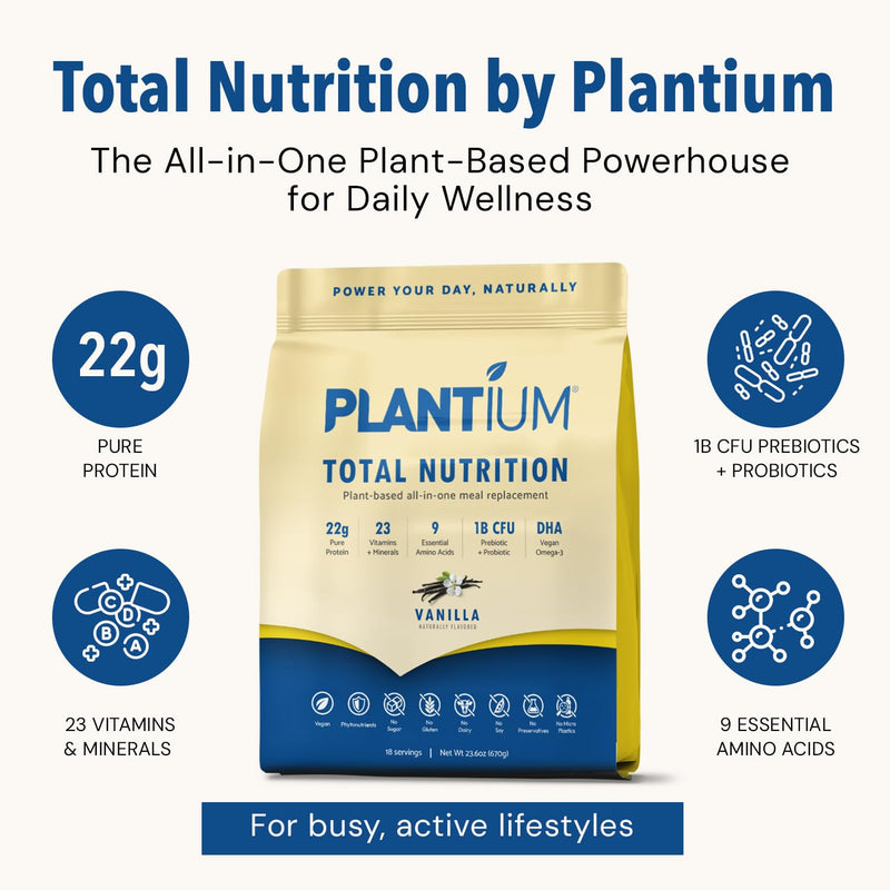 Plantium Total Nutrition Meal Replacement Protein Powder, Vanilla | Plant-based all-in-one shake with 22g protein per serving, vitamins, minerals and probiotics.