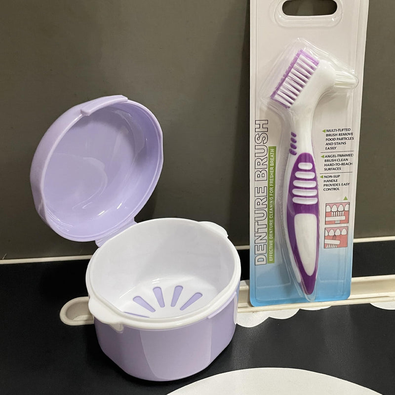 [Australia] - Denture Bath Case Cup Box Holder Storage Container with Denture Cleaner Brush Strainer Basket for Travel Cleaning(Purple) Purple 