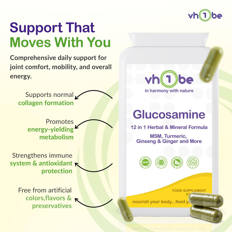 Glucosamine Complex Plus 12-in-1 – High Strength Glucosamine HCl with MSM, Turmeric, Rosehip, Sour Cherry & Vitamin C – 120 Capsules | Non-GMO | Plant-Based Vegan Supplement | Made in UK