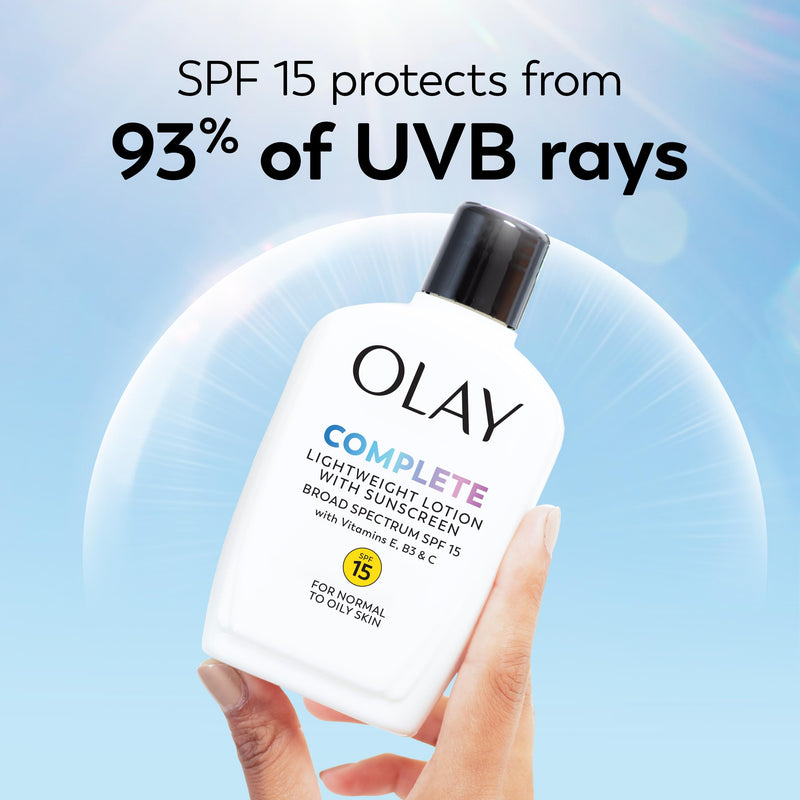 Olay Face Moisturizer, Complete with Sunscreen SPF 15, Daily Facial Lotion for Normal Skin, Lightweight Hydrating Broad Spectrum Sun Protection - Vitamin C, E, and Niacinamide - 6 Oz 2 Pack 6 Fl Oz (Pack of 2)
