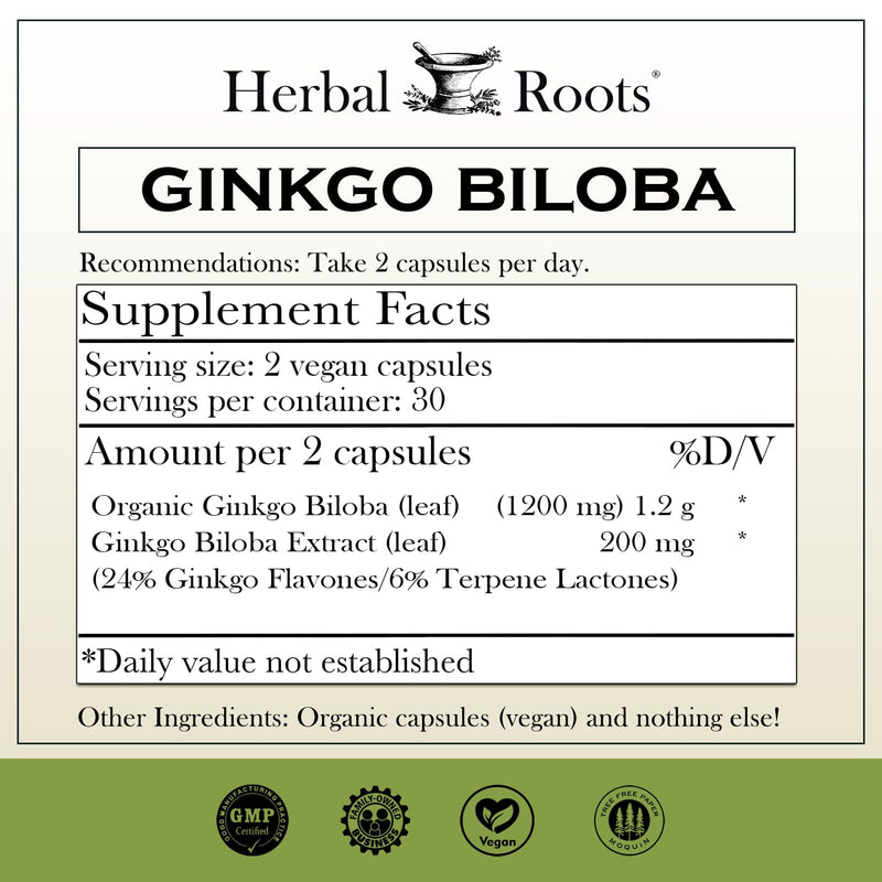 [Australia] - Herbal Roots Ginkgo Biloba Made with Pure Organic Ginkgo Leaf - 1,400mg per Serving, 60 Vegan Capsules 