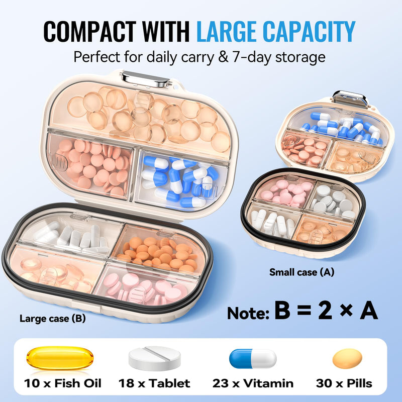 Travel Medicine Pill Organizer: 7 Day Portable Pill Case 2 Pack | Vitamin Container for Purse Moisture-Proof Seal Secure Latch Keeps Meds Dry - Cute Large Capacity for Daily & Emergency Use Milky 2 Pack