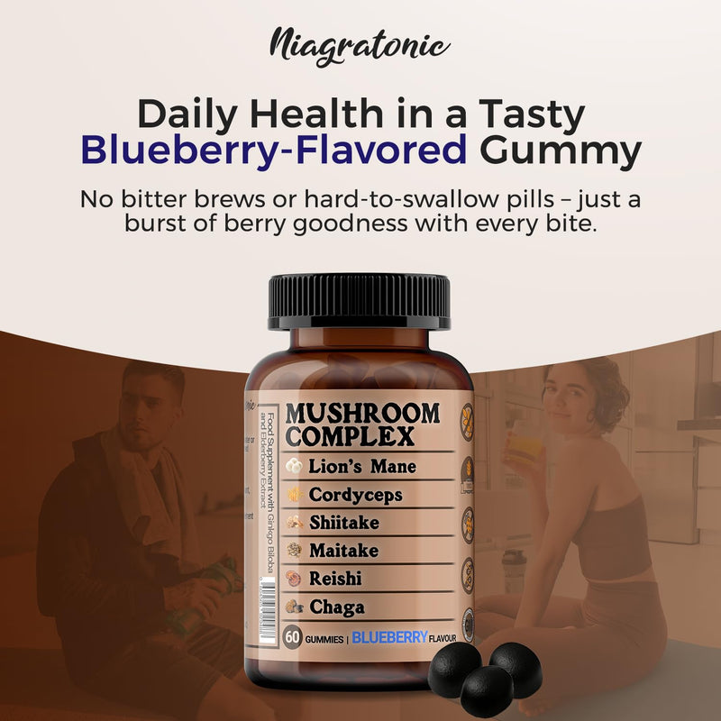 Mushroom Complex Gummies - 6 Mushroom Blend with Lion’s Mane, Reishi, Cordyceps, Shiitake, Maitake & Chaga + Ginkgo & Elderberry - Sugar Free Blueberry Flavour - 60 Gummies