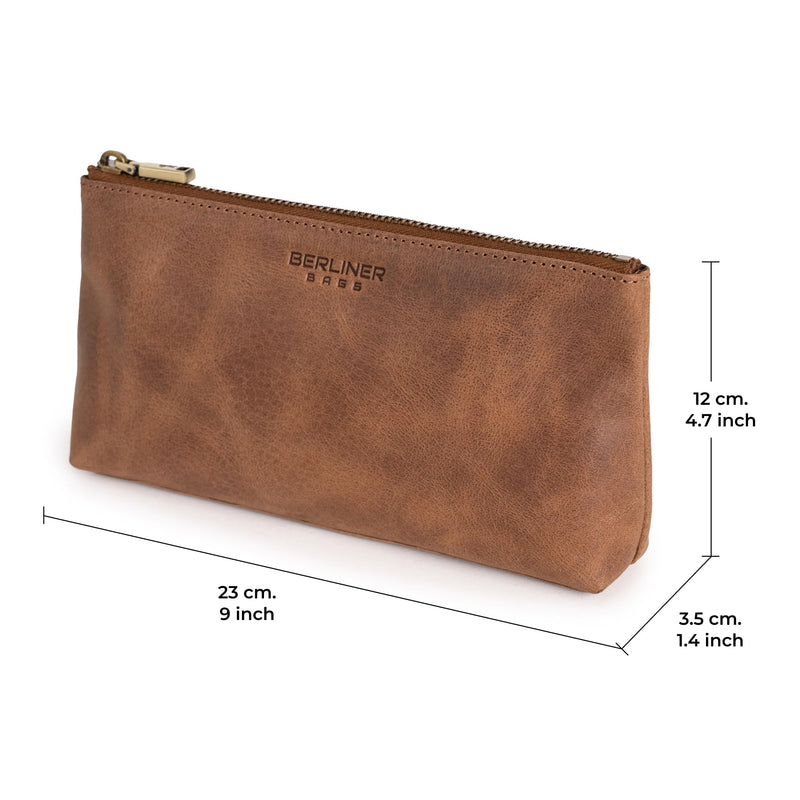 BERLINER BAGS Vintage Genuine Leather Makeup Bag For Women Anna S- Brown | Soft Leather Makeup Bag For Purse, Travel Cosmetics Pouch, YKK Metal Zipper, Slip-in Pocket Camel