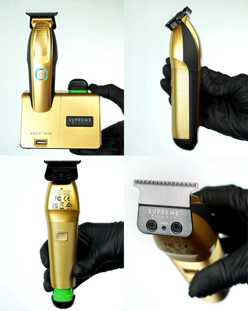 [Australia] - Supreme Trimmer Recharge ST777 – Professional Barber Trimmer with 2 Removable Batteries | 8000 RPM Motor, Zero Gap DLC Blades, Smart Charging Dock, USB-C Fast Charge Gold 