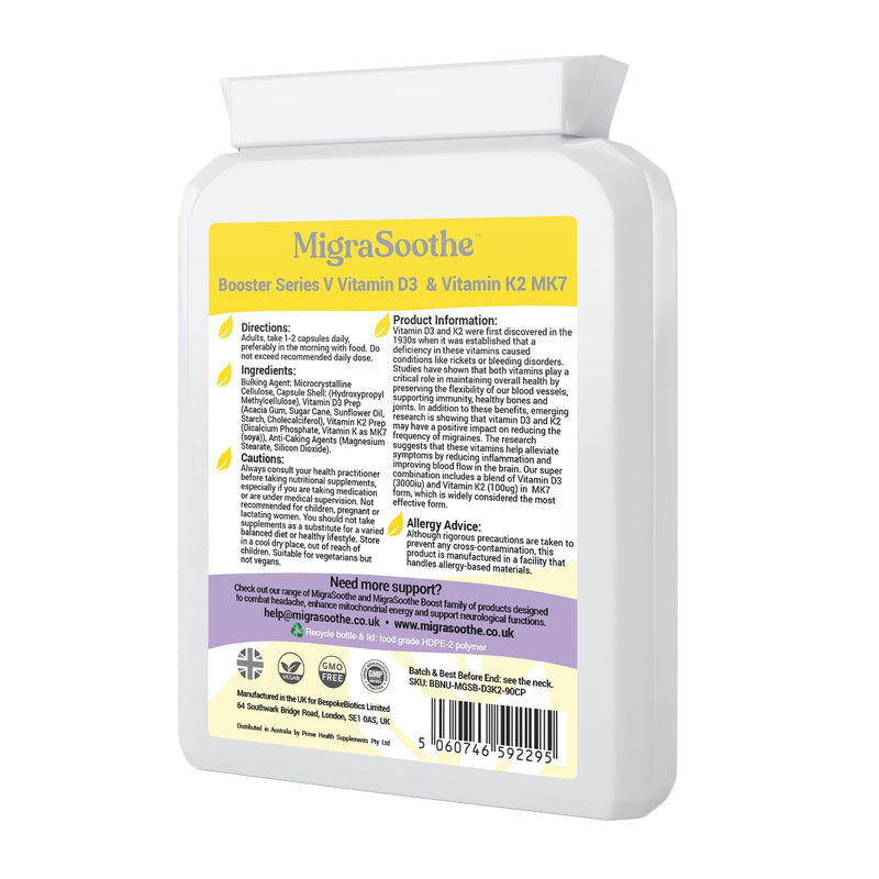 Booster Vitamin D3 Vitamin K2 MK7 Complex for migraine Relief 2-3 Months Supply (90) 90