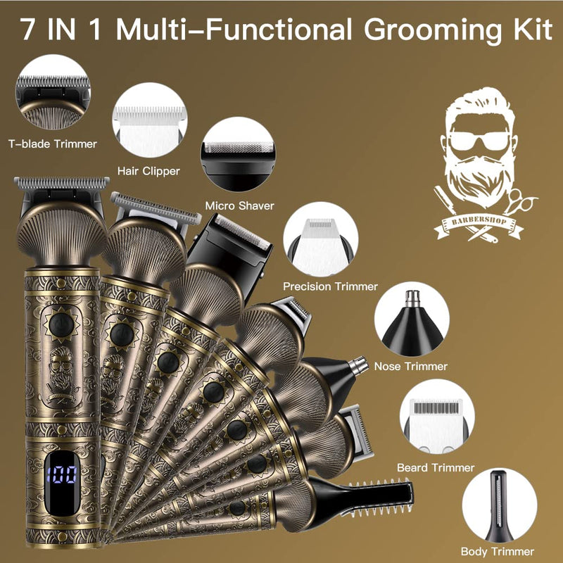 [Australia] - Beard Trimmer Kit Professional Hair Clipper Zero Gapped T-Blade Electric Shaver Razor Nose Body Trimmer for Men Cordless Grooming Kit 7 in 1 Bronze 