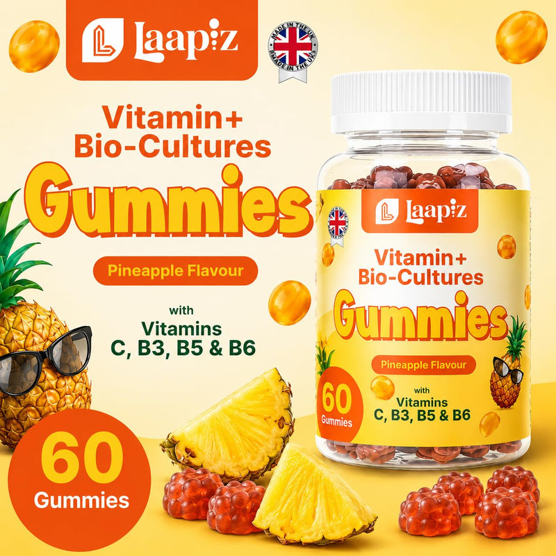 Multivitamin Gummies with Probiotics for Adults & Kids 60 Gummies - Pineapple Flavour Vitamin Gummies | Vitamins C, B3, B5 & B6 | Bio Cultures Gummies for Digestive Balance & Immune Support