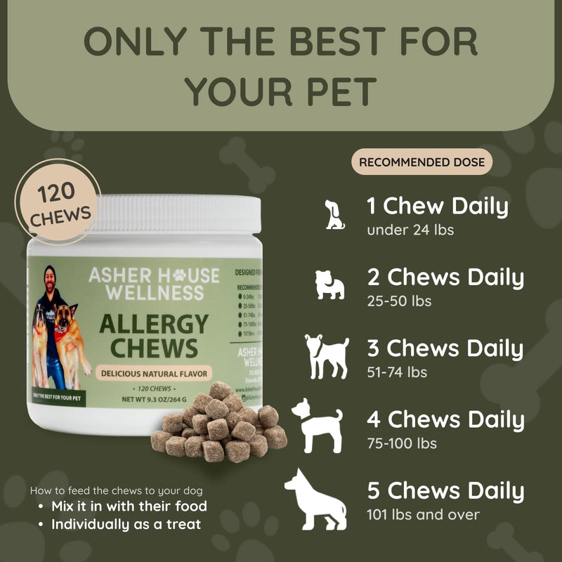 Asher House Wellness Dog Allergy Chews - All-Natural Itchy Skin Relief for Dogs with Bee Pollen, Colostrum - Licking Paw Treatment, Allergy Medicine for Dogs Over 12 Weeks, 120 Chews - PawsPlanet Australia