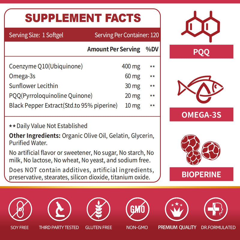 [Australia] - CoQ10-400mg-Softgels with PQQ, BioPerine & Omega-3, Coenzyme Q10(Ubiquinone) Supplement for High-Absorption, Powerful-Antioxidant, Support Heart & Energy-Production, 120 Servings 