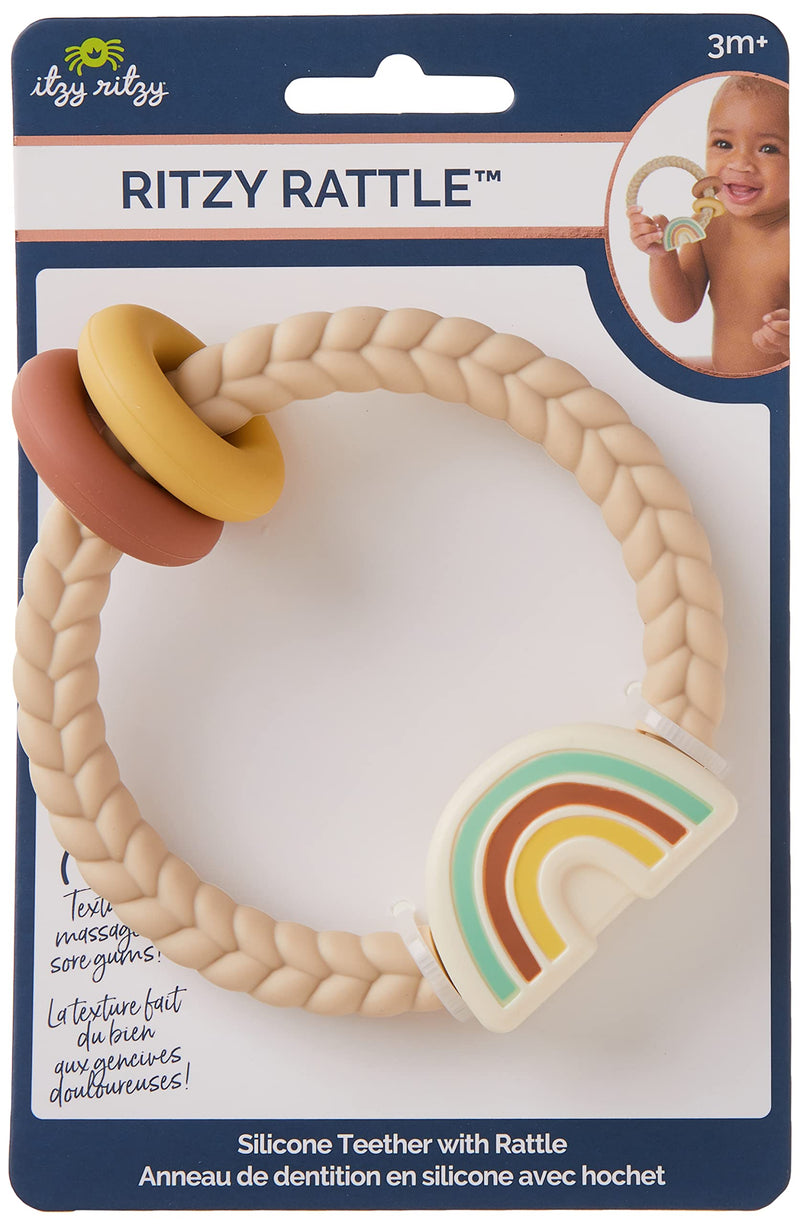 [Australia] - Itzy Ritzy Silicone Teether with Rattle; Rattle Teether Features Rattle Sound, Two Silicone Teething Rings and Raised Texture to Soothe Gums; Ages 3 Months and Up (Neutral Rainbow) Neutral Rainbow 